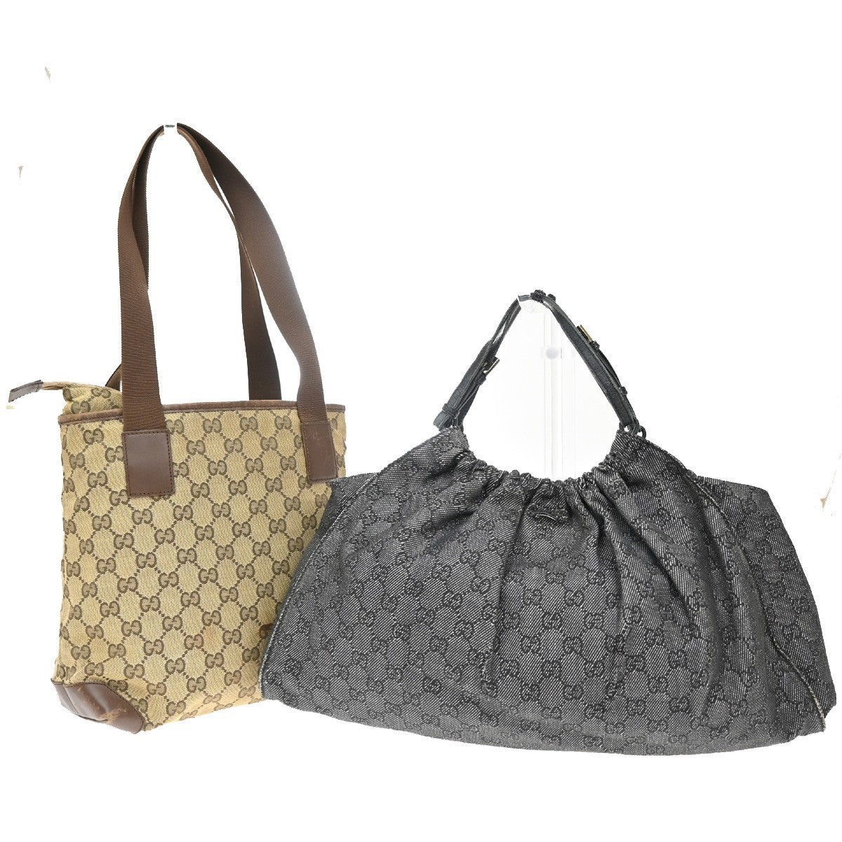 GUCCI Logo GG Pattern 2set Hand Bag Canvas Leather Brown Black 67EG129