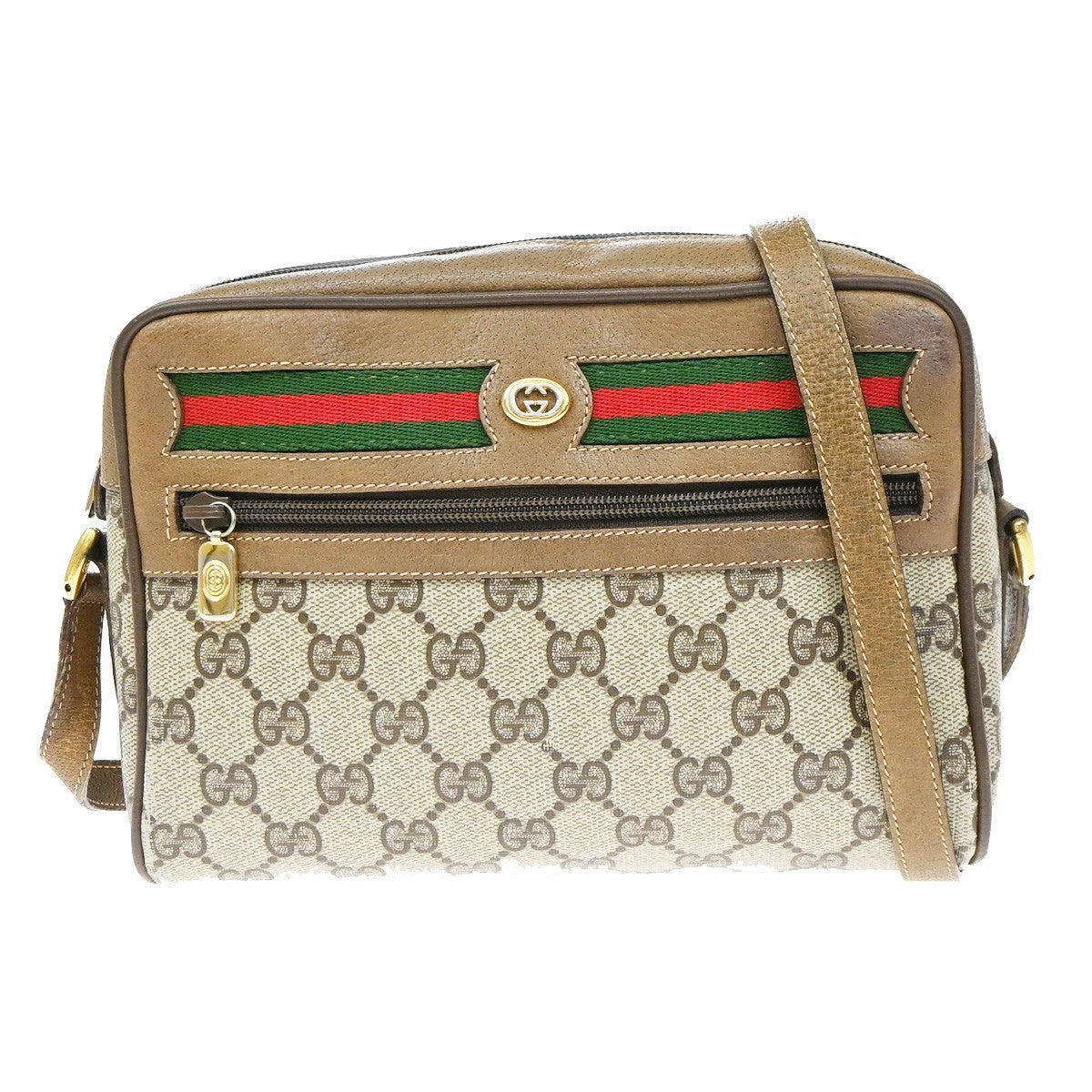 GUCCI Logo Web Sherry GG Pattern Shoulder Bag PVC Leather Brown Italy 67YJ168