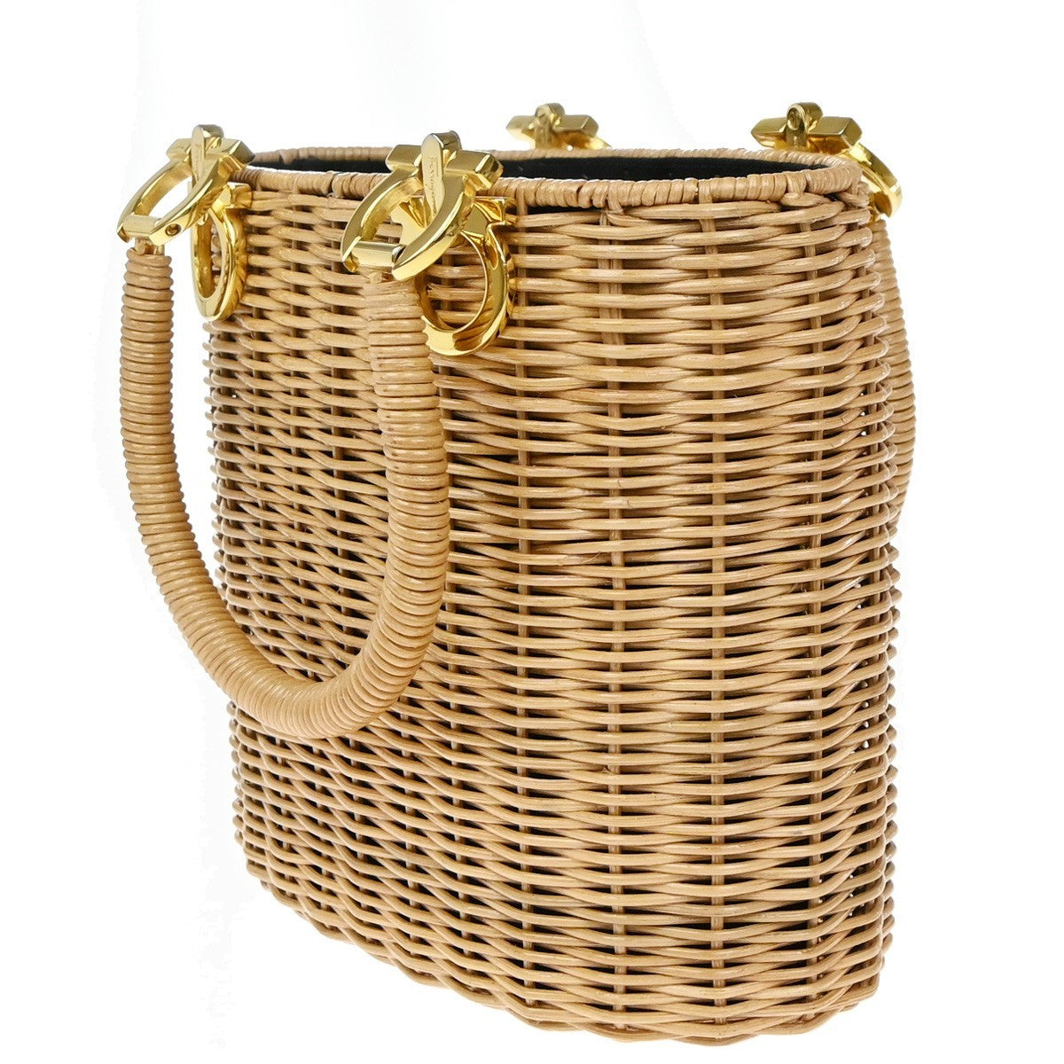 SALVATORE FERRAGAMO Logo Gancini Basket Hand Bag Rattan Brown GHW 28RP146