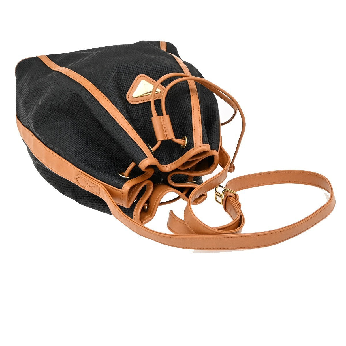 Saint Laurent YSL Logo Drawstring Shoulder Bag PVC Leather Navy Brown 38FC055