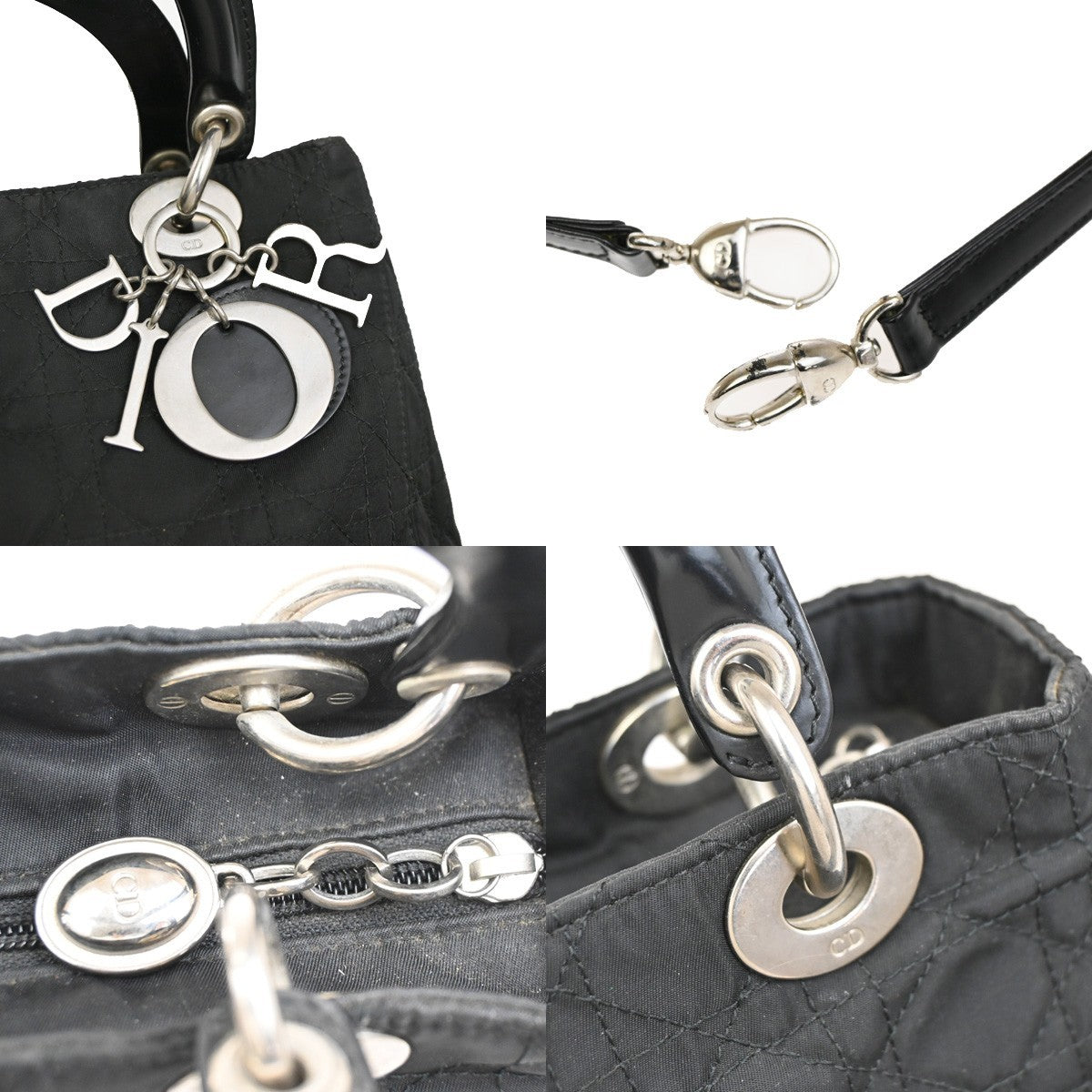 CHRISTIAN DIOR Logo Lady Cannage 2Way Hand Bag Nylon Leather Black SHW 98ZA262