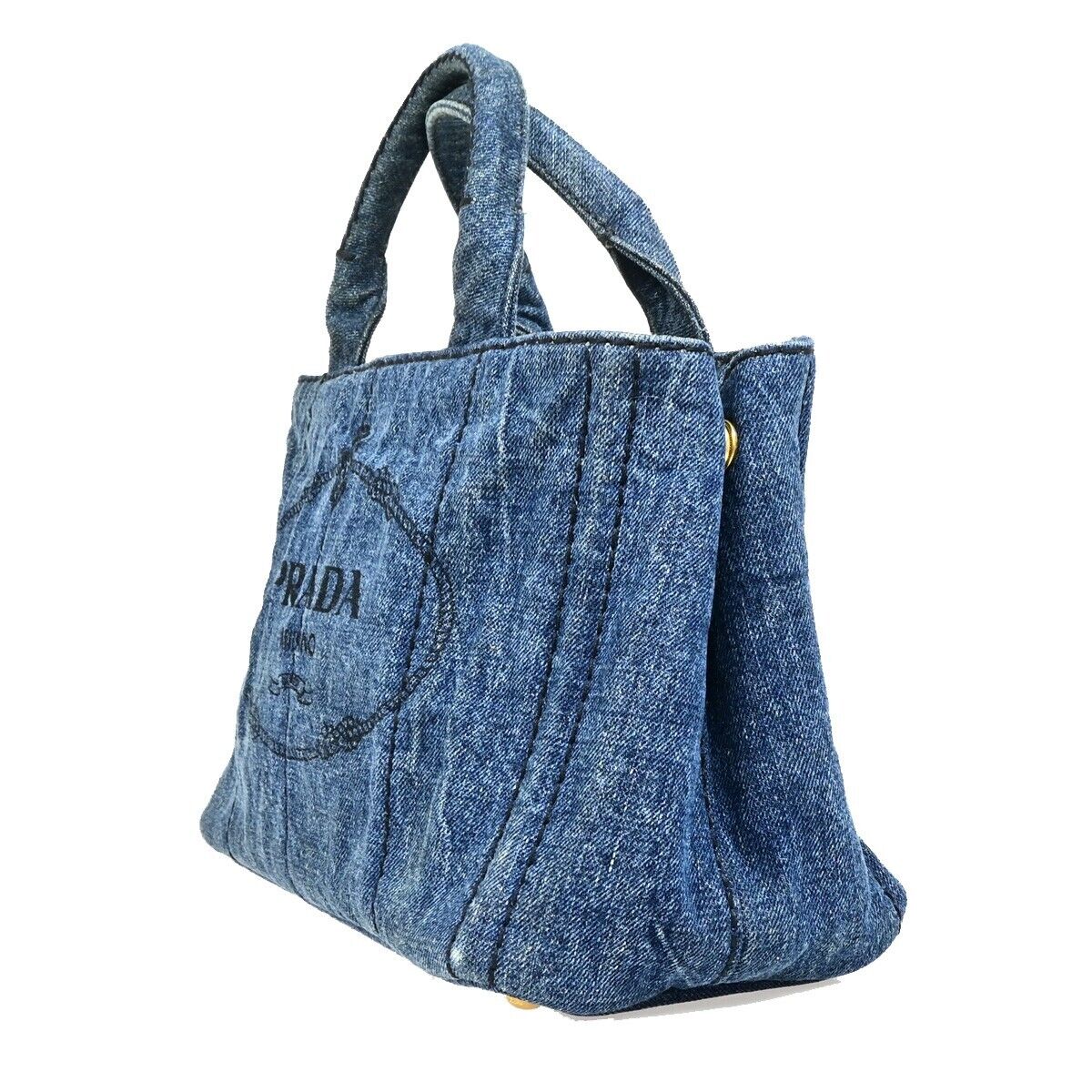 PRADA Logo Canapa Hand Tote Bag Denim Leather Blue GHW 39EB670