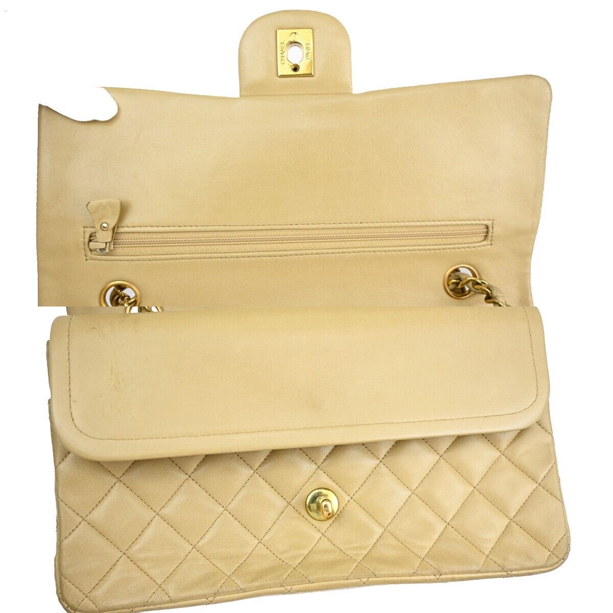 CHANEL CC Matelasse 25 Double Flap Chain Shoulder Bag Leather Beige GHW 381RJ843