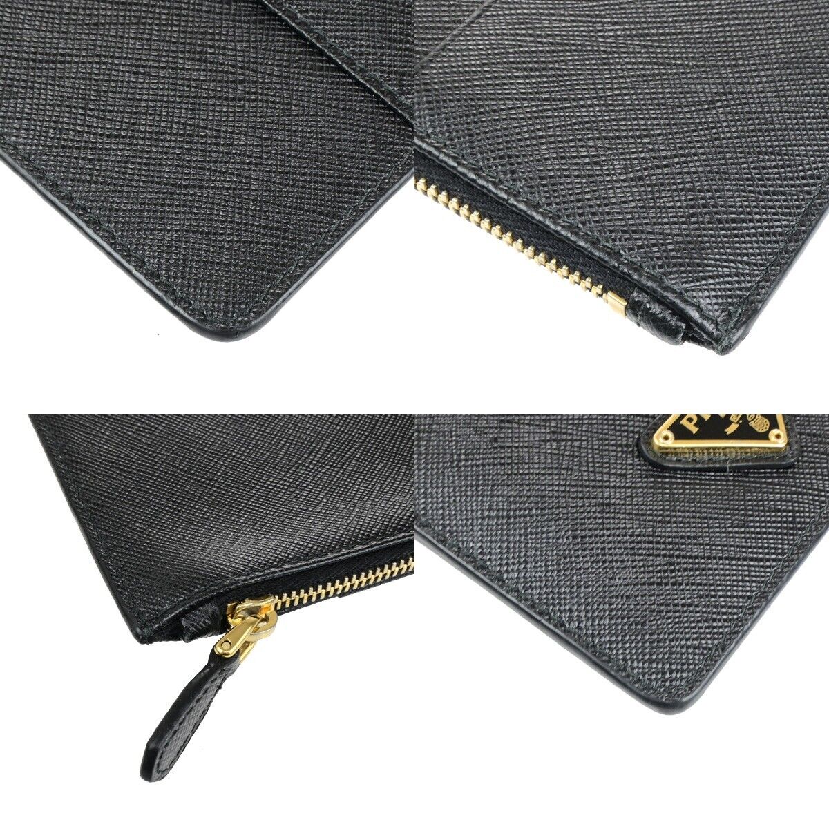 PRADA Logo Saffiano Card Holde Long Wallet Leather Black Gold Italy 65SJ628