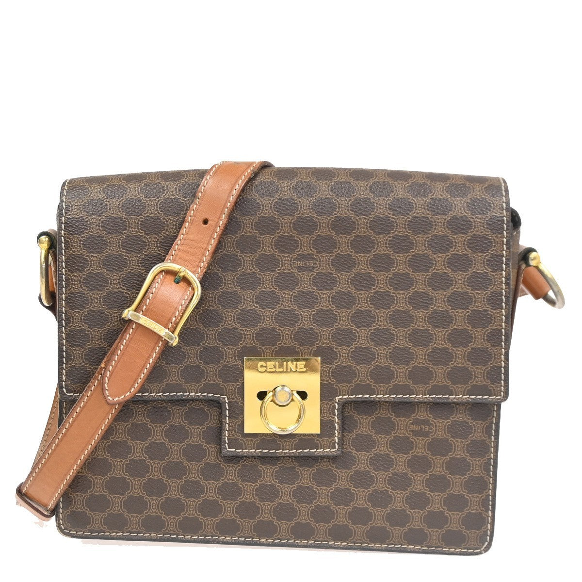 CELINE Logo Macadam Pattern Shoulder Bag PVC Leather Brown GHW Italy 32KC723