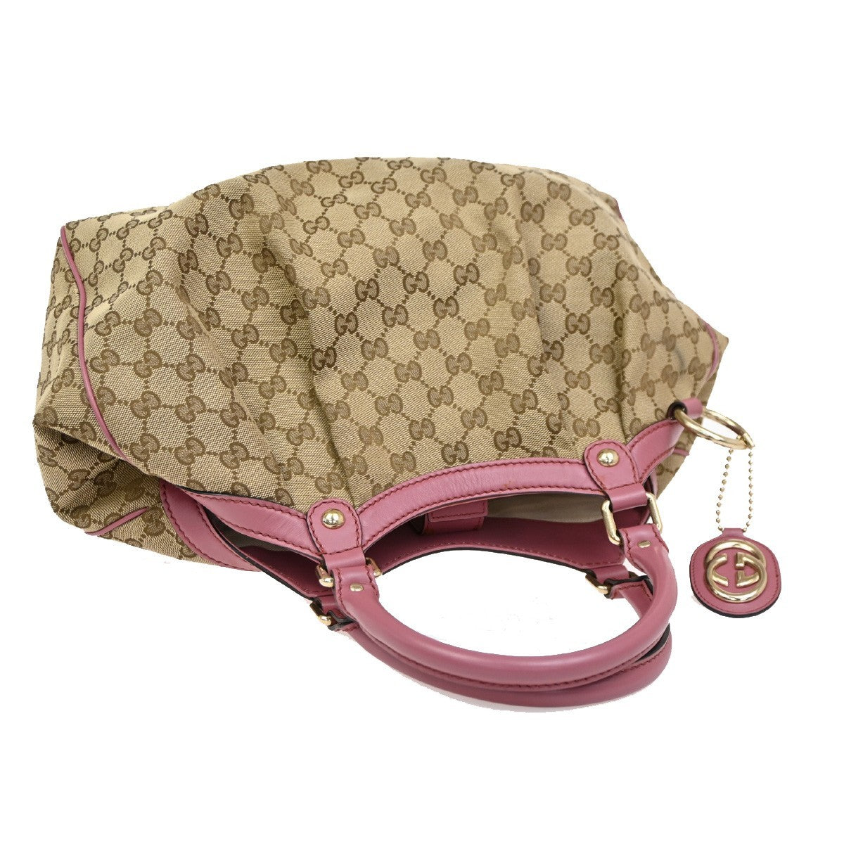 GUCCI GG Pattern Sukey Shoulder Bag Charm Canvas Leather Beige Pink GHW 82DA256