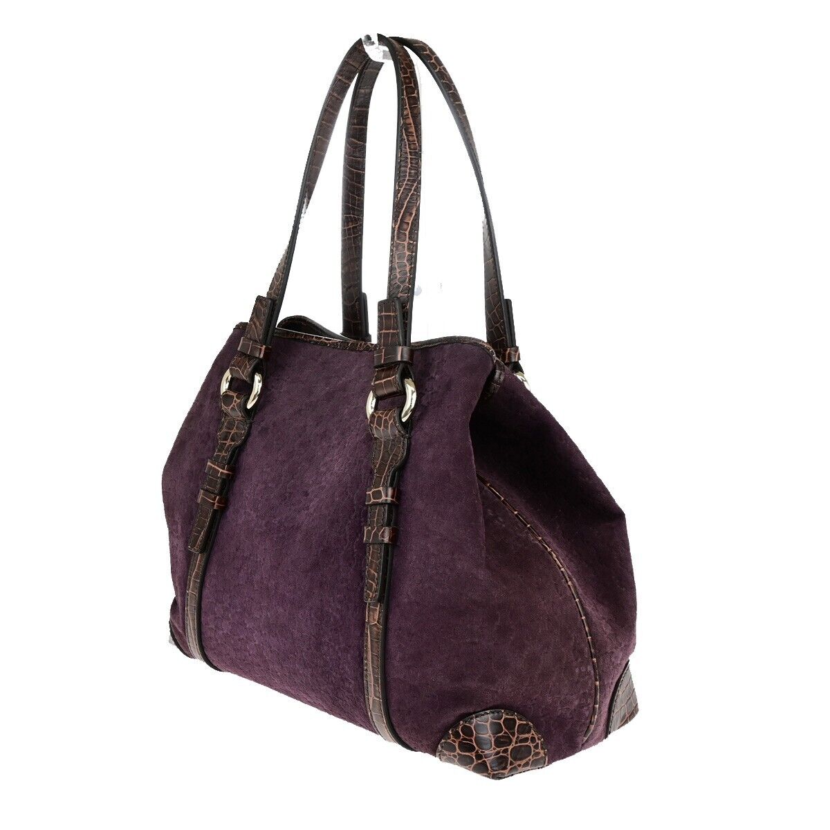 CELINE Logo Macadam Shoulder Tote Bag Suede Embossed Leather Purple SHW 34EC964