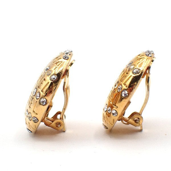CHANEL Logo Rhinestones Earrings Clip-on Gold France Vintage 36RL872