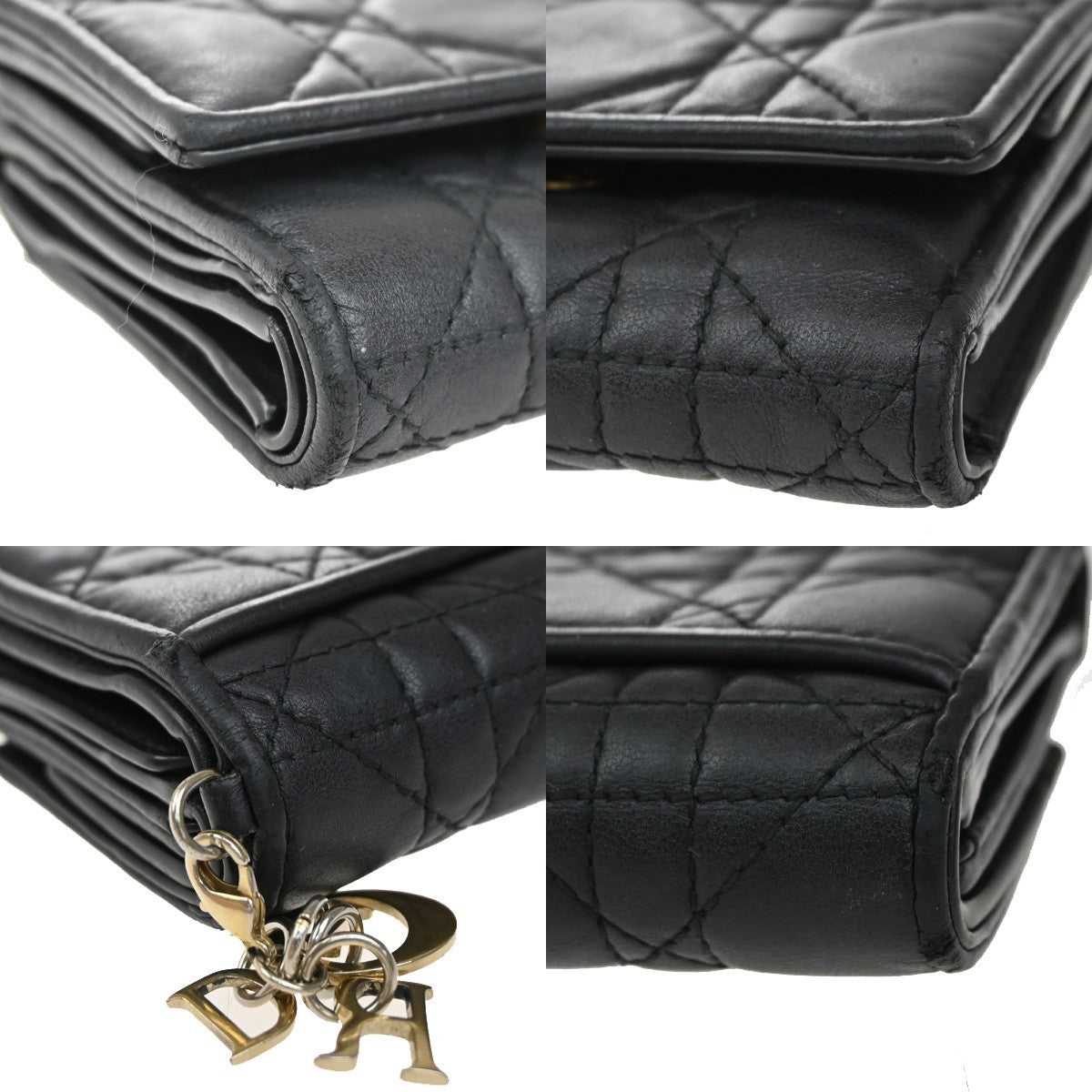 CHRISTIAN DIOR Cannage Charm Trifold Compact Wallet Leather Black GHW 65KB466