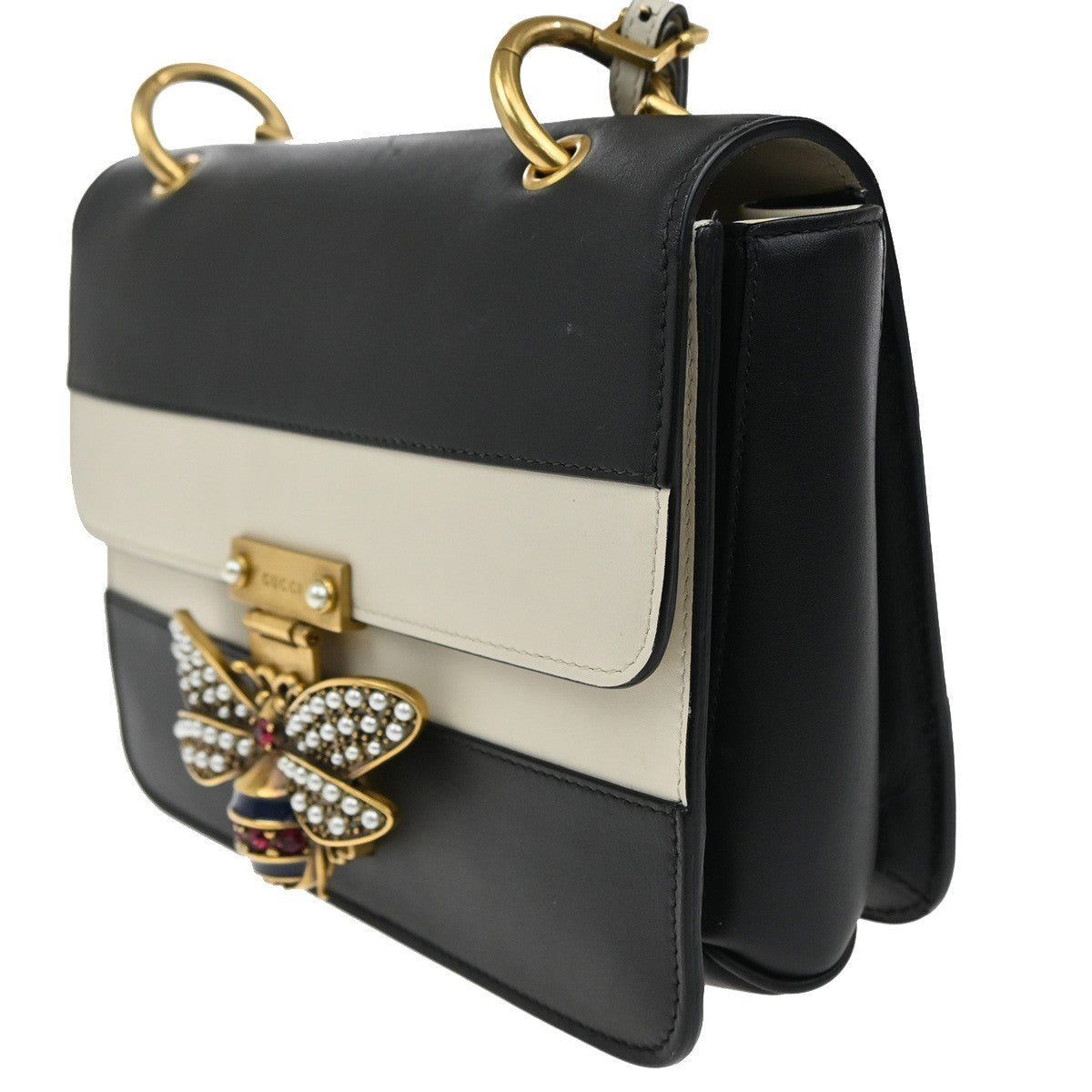 GUCCI Bee Queen Margaret Logo Shoulder Bag Leather Black White GHW Italy 20RL719