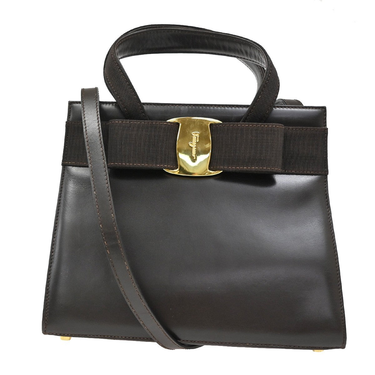 SALVATORE FERRAGAMO Vara 2Way Hand Bag Canvas Leather Brown Gold Italy 64TA067