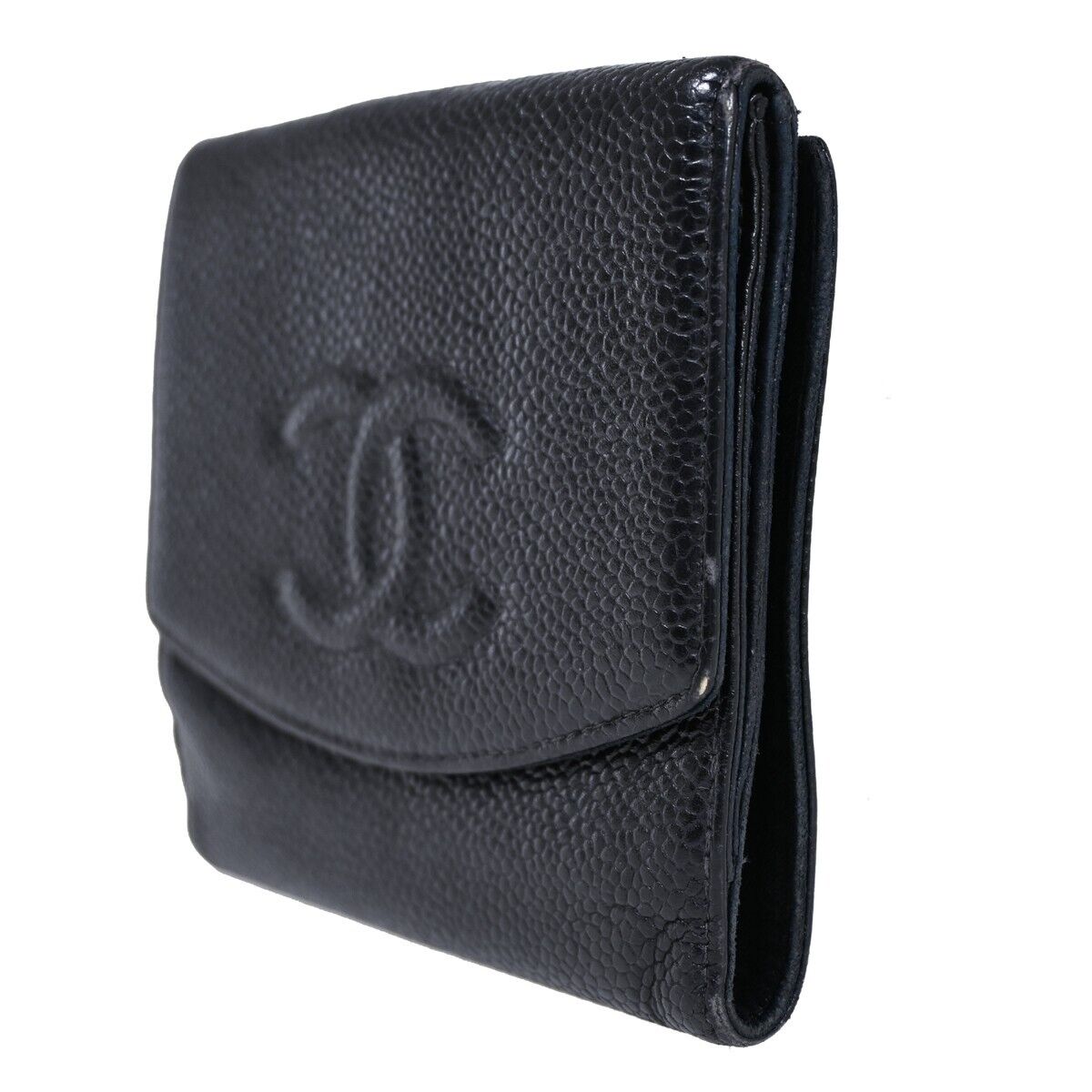 CHANEL CC Logo Bifold Wallet Purse Caviar Skin Leather Black GHW France 61HB366