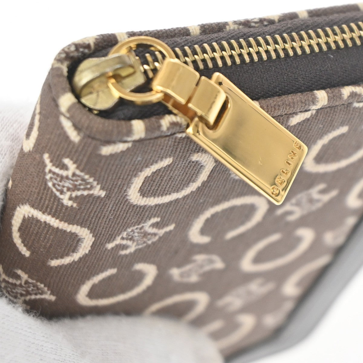 CELINE Logo Macadam Pattern Mini Zipper Wallet Canvas Leather Brown GHW 68TA454