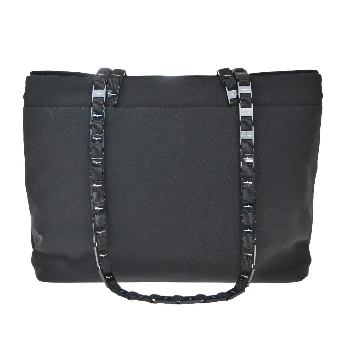 SALVATORE FERRAGAMO Vara Chain Tote Shoulder Bag Nylon Leather Black 61EG364