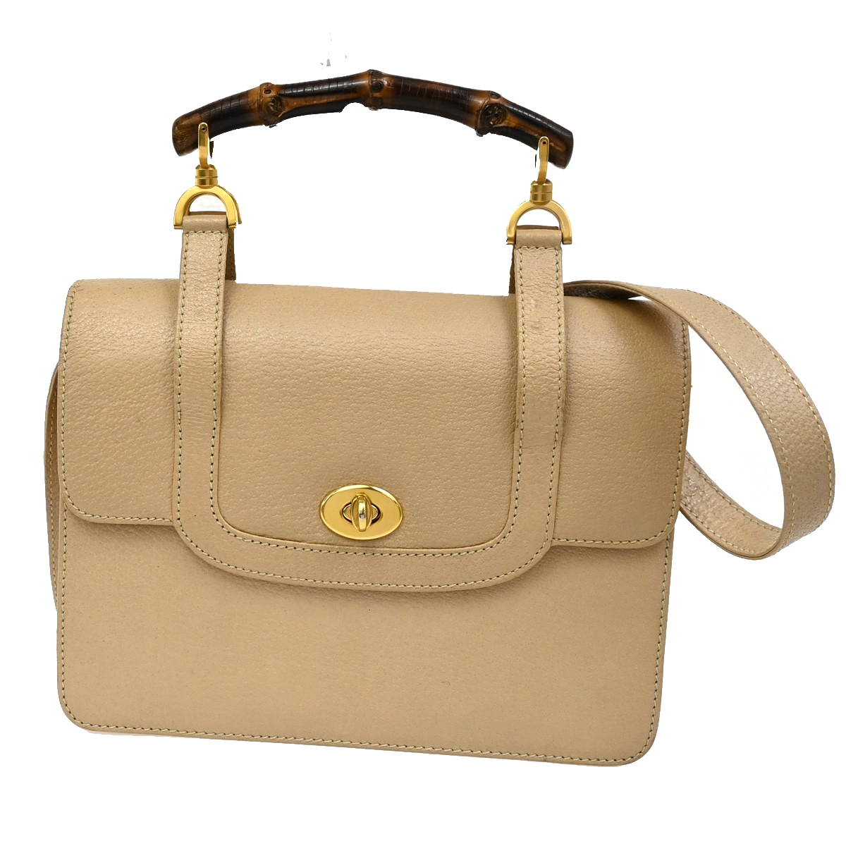 GUCCI Logo Bamboo 2Way Shoulder Hand Bag Leather Beige GHW Italy 95KB654