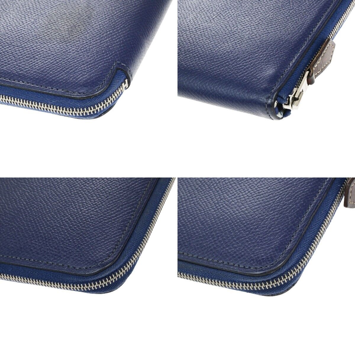 HERMES Logo Azap Zip Around Long Wallet Silk Epsom Leather Navy Blue SHW 37ED890