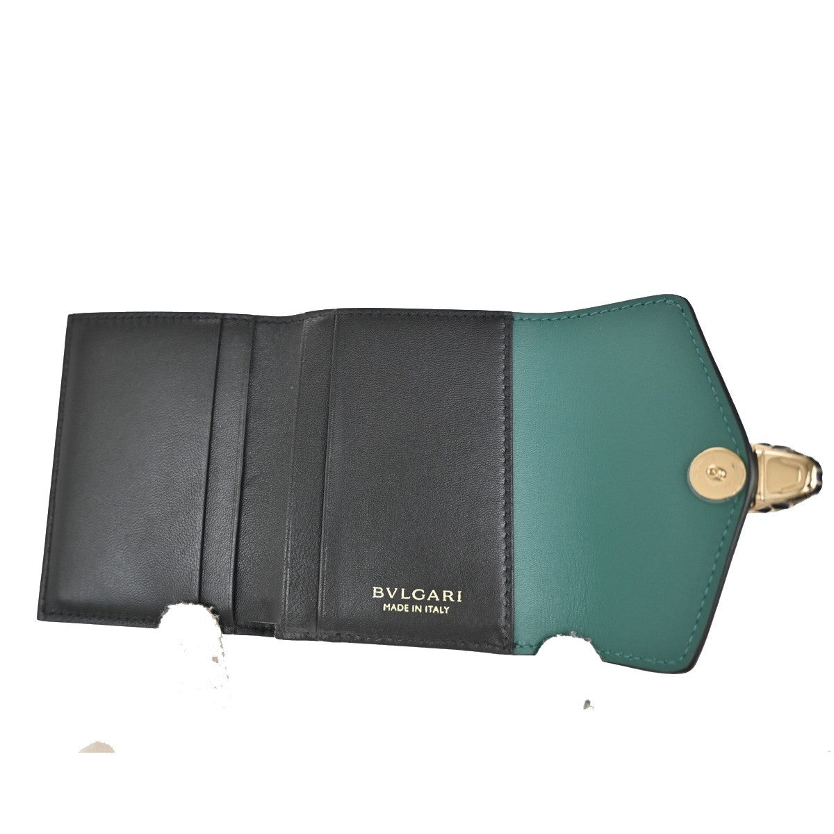 BVLGARI Serpenti Forever Trifold Wallet Leather Green Black snake Italy 39RL447