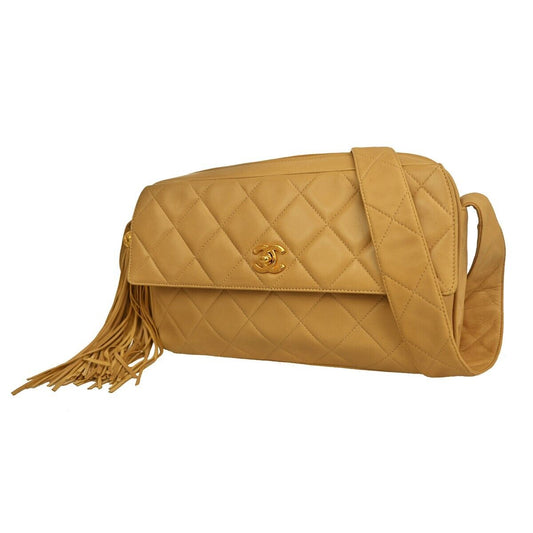 CHANEL CC Logo Matelasse Fringe Shoulder Bag Leather Beige GHW Vintage 617RH359