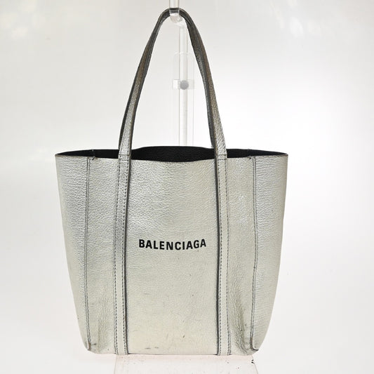 BALENCIAGA Logo Everyday Tote Hand Bag Leather Silver SHW 09CA906
