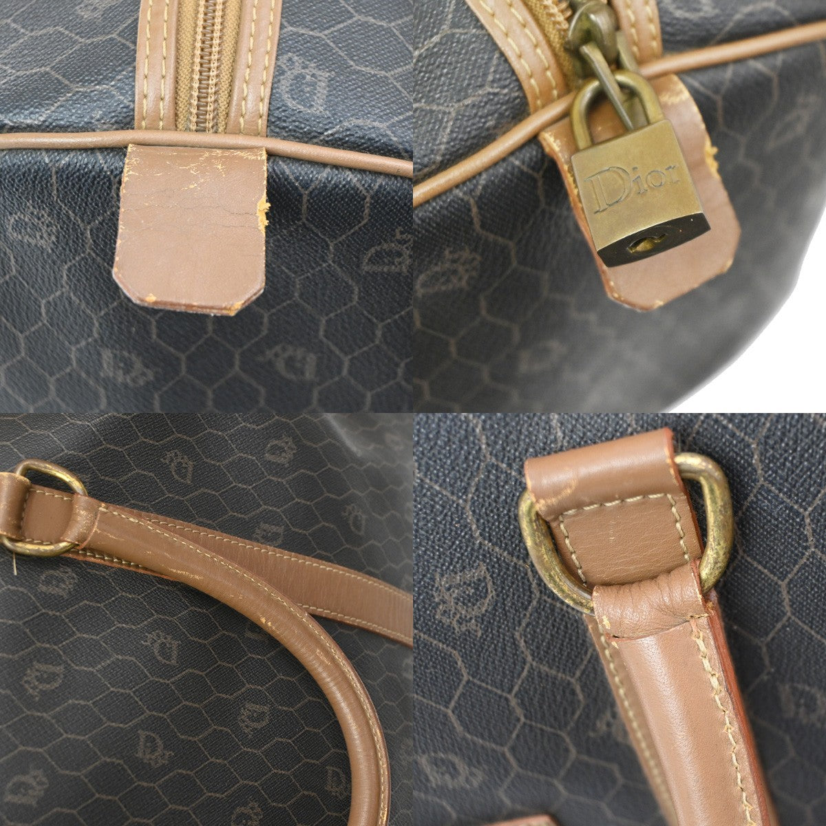 CHRISTIAN DIOR Logo Honeycomb Hand Bag PVC Leather Brown Black GHW 31PA021