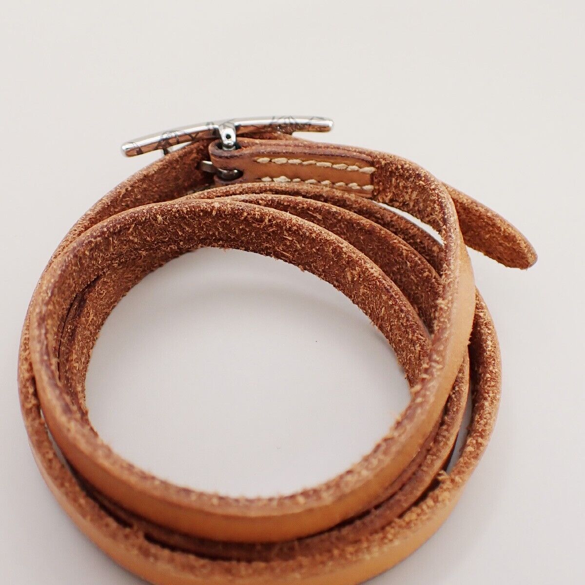 HERMES Logo Api 3 Bracelet Bangle Leather Brown Silver Accessory 02KA477