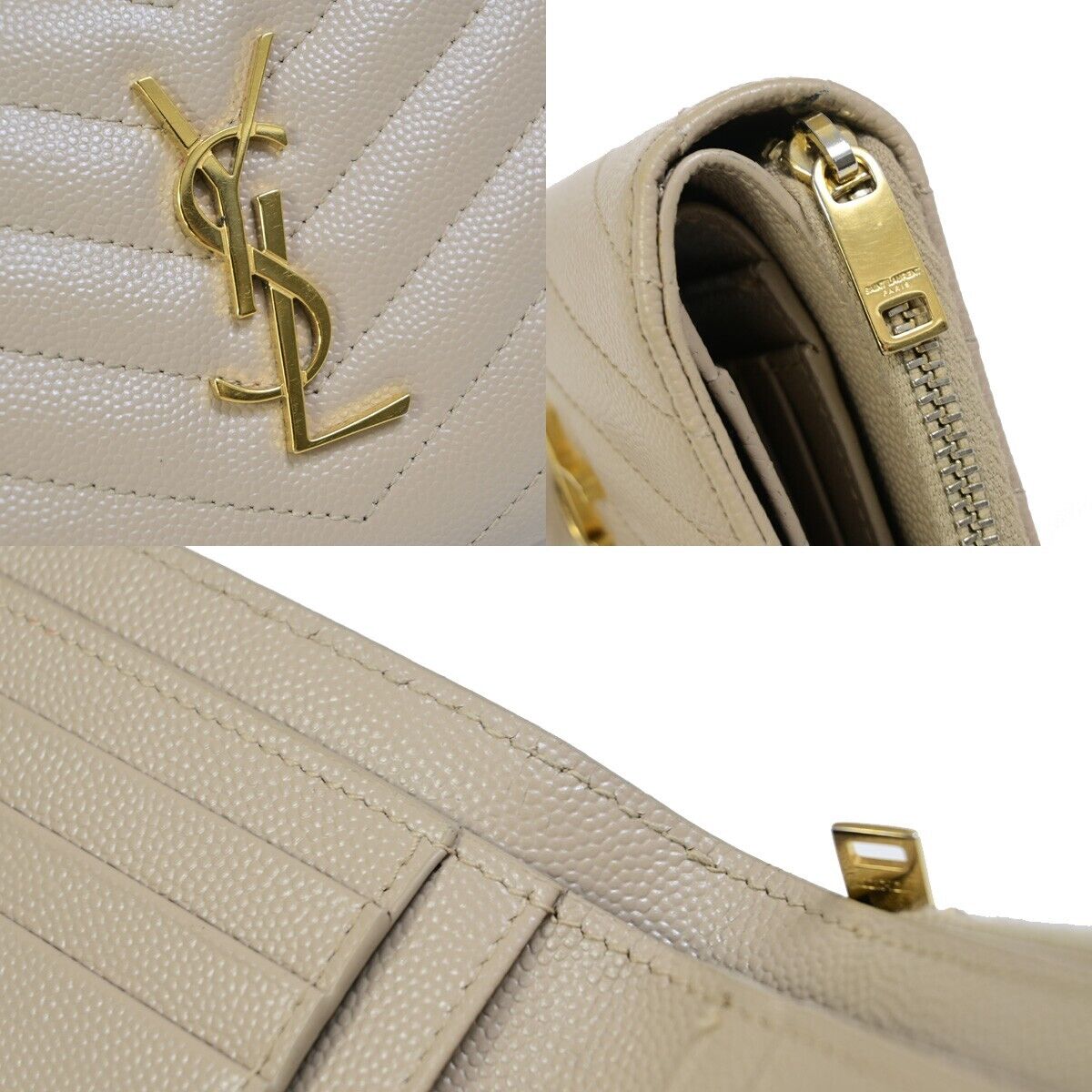 SAINT LAURENT YSL Logo Compact Bifold Wallet Purse Leather Beige GHW 38EC602