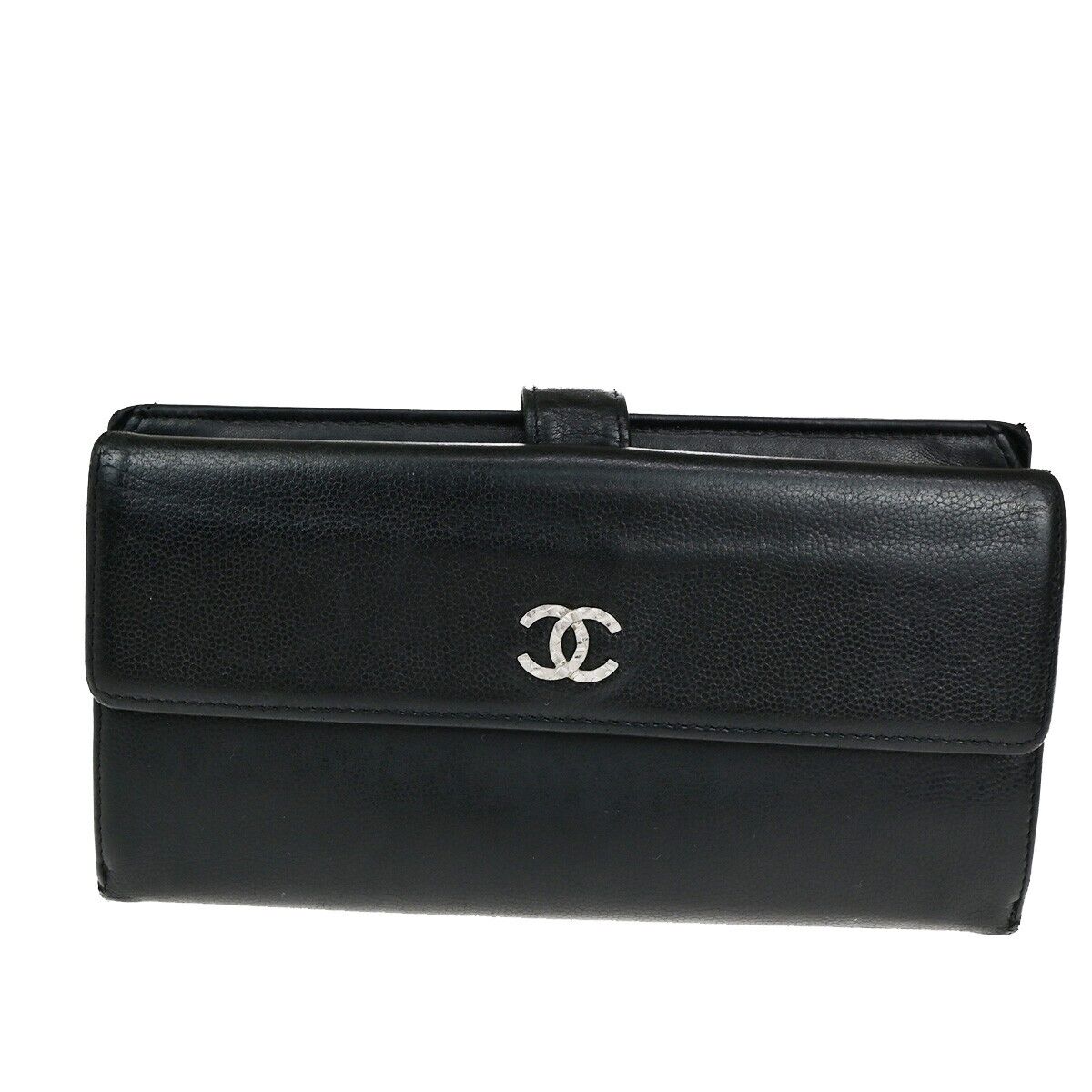 CHANEL CC Logo Falp Bifold Long Wallet Grained Leather Black SHW 35RK678