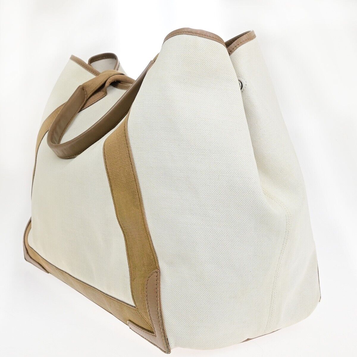 BALENCIAGA Logo Navy Cabas Shoulder Tote Bag Canvas Leather Ivory Brown 33EC031