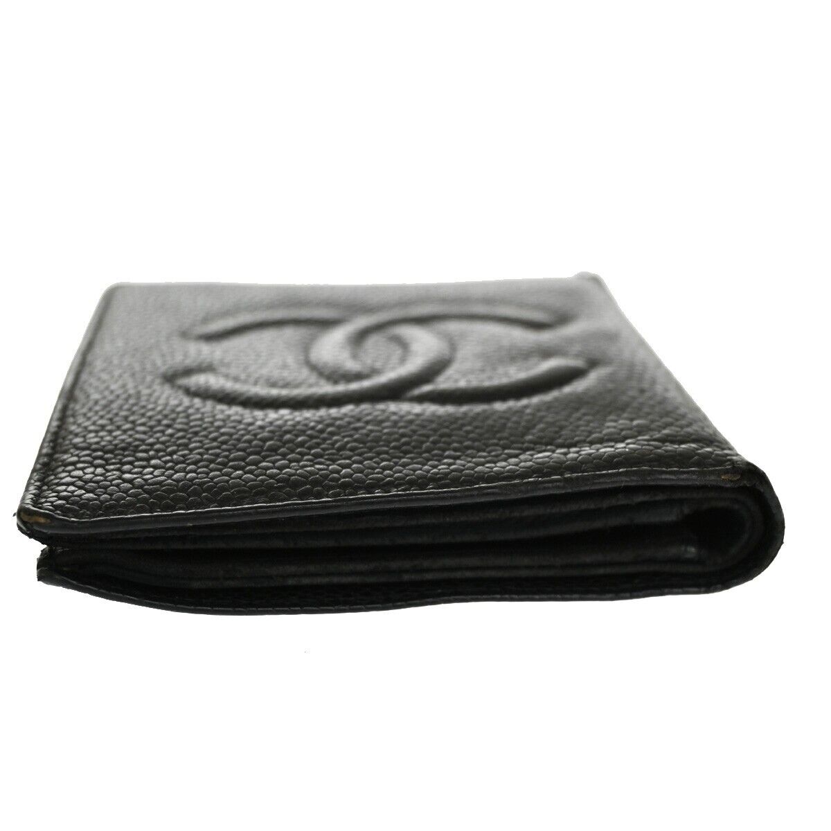 CHANEL CC Logo Bifold Wallet Caviar Skin Leather Black France Vintage 60EA462
