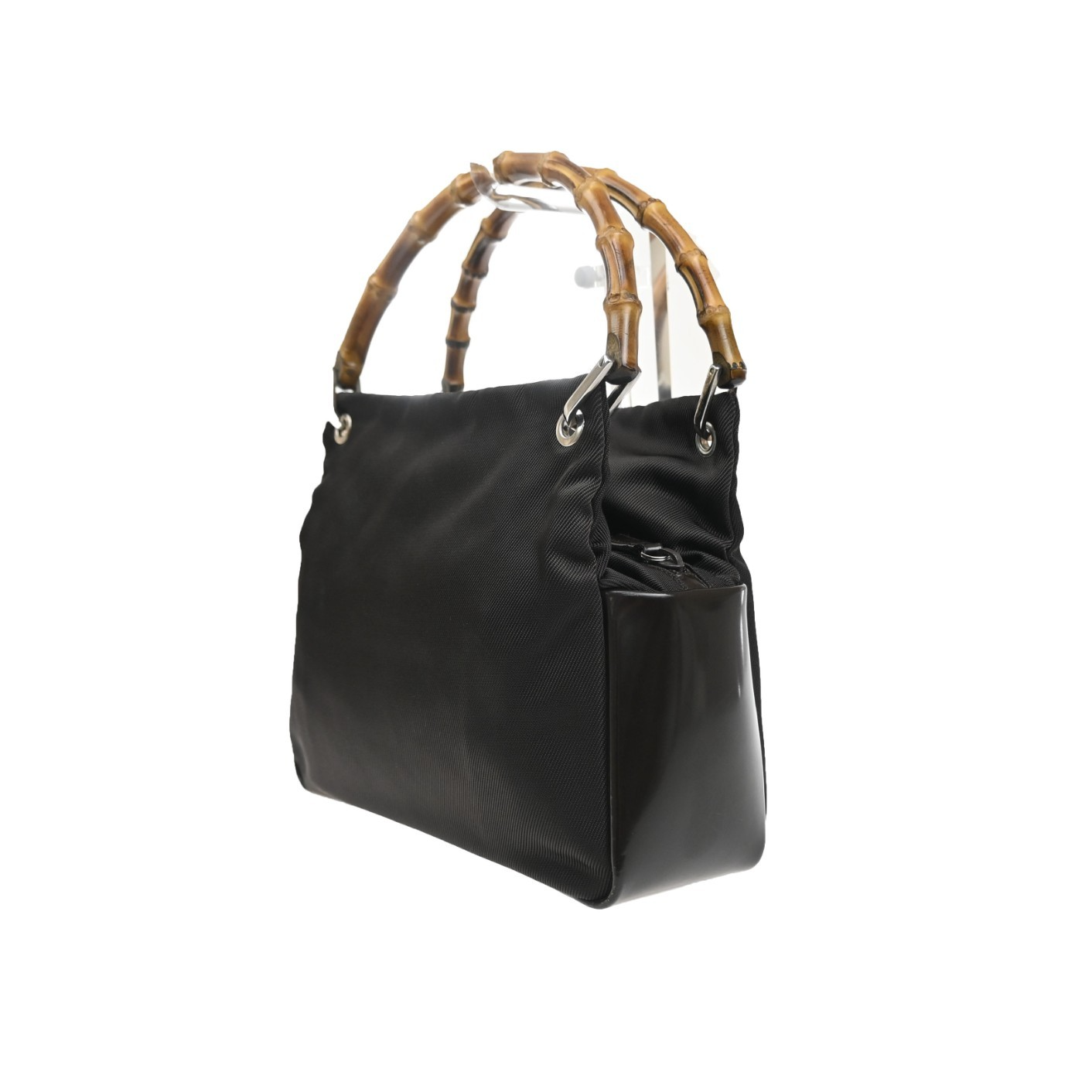 GUCCI Logo Bamboo Handle Tote Hand Bag Nylon Patent Leather Brown Italy 36MA661