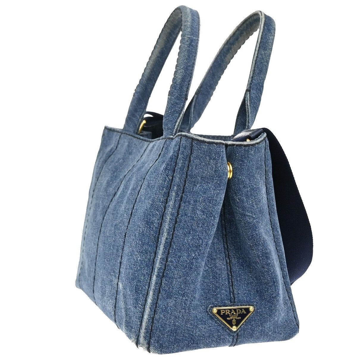 PRADA Logo Canapa 2Way Shoulder Hand Tote Bag Denim Leather Blue GHW 84EE247