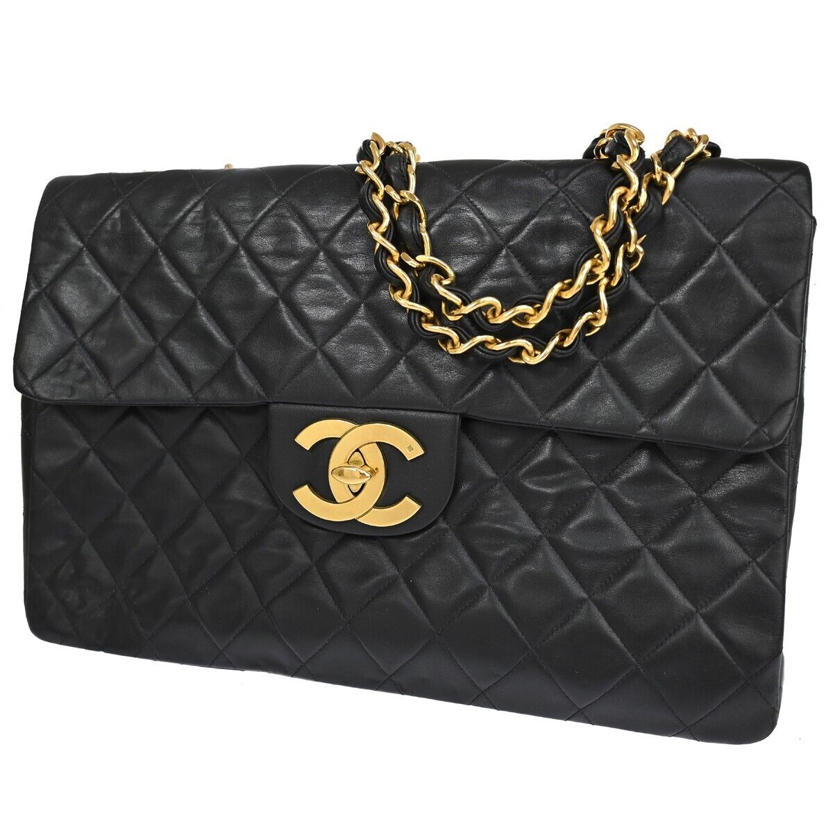 CHANEL CC Maxi Jumbo Matelasse 34 Chain Shoulder Bag Leather Black GHW 858RH948