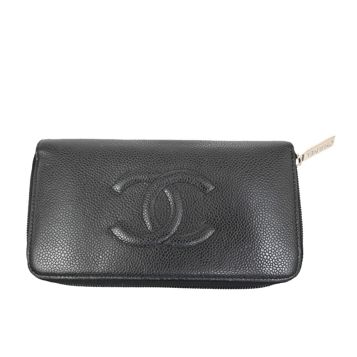 CHANEL CC Logo Zip Around Long Wallet Grained Calfskin Leather Black SHW 70RL612