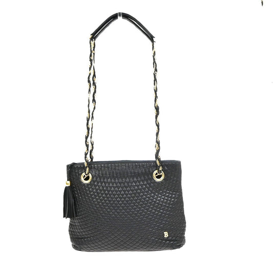 BALLY B Logo Quilted Chain Shoulder Bag Leather Black GHW Switzerland 01CA846