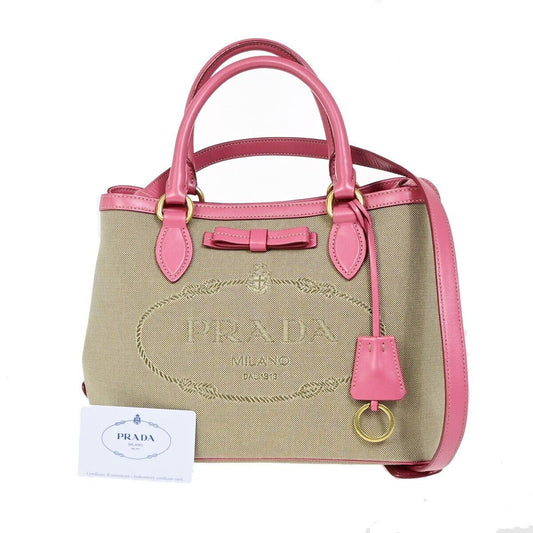 PRADA MILANO Logo Jacquard 2Way Shoulder Tote Bag Canvas Leather BN Pink 23RK029