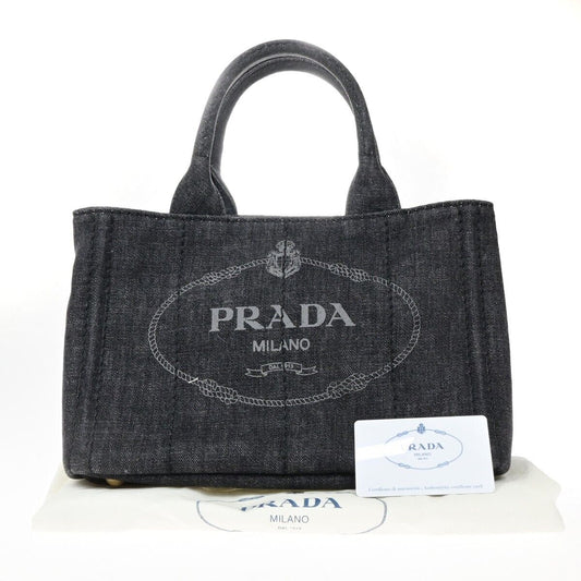 PRADA Milano Logo CANAPA Tote Hand Bag Canvas Leather Black Gold Italy 73EA340