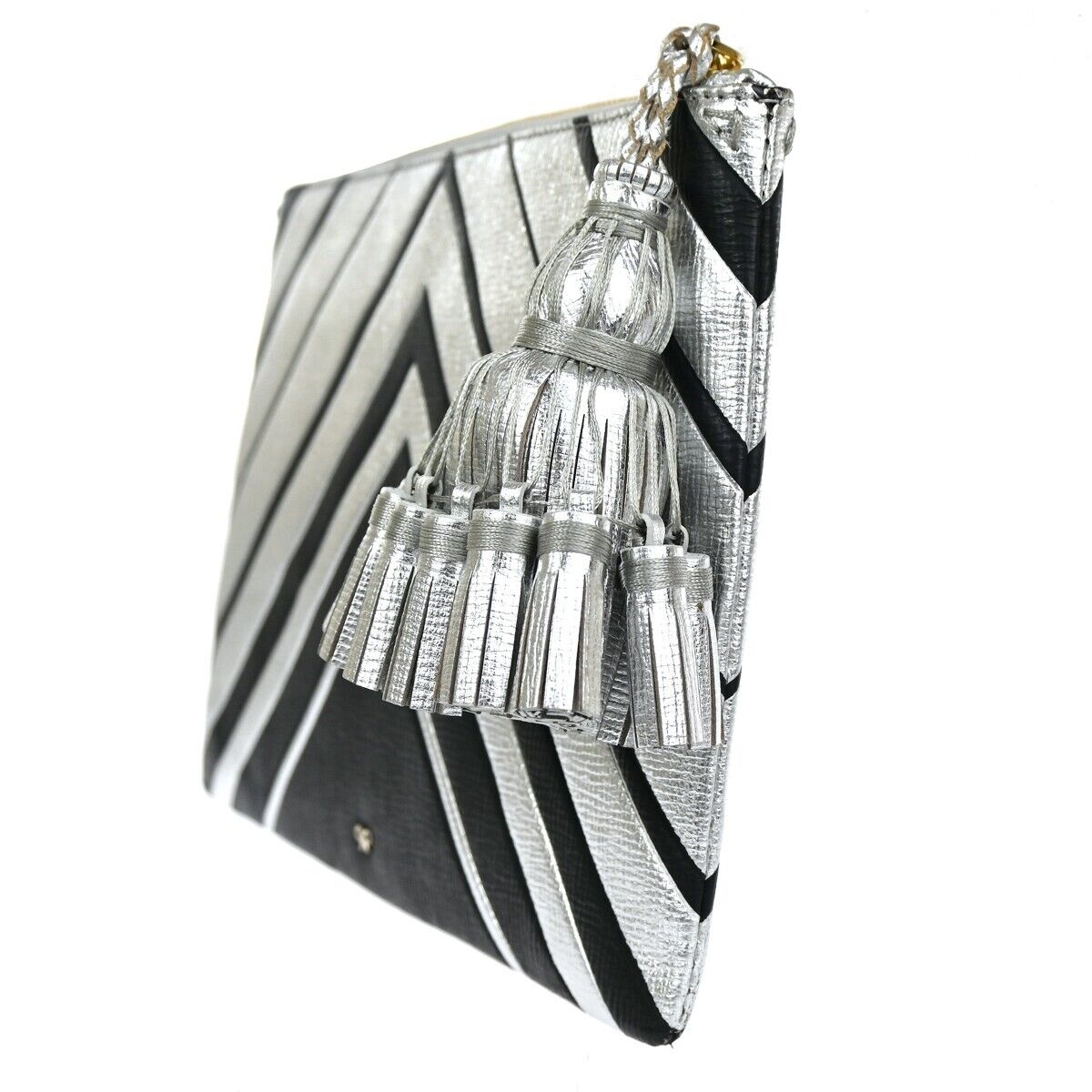 ANYA HINDMARCH Logo Fringe Tassel Clutch Hand Bag Leather Silver Black 69EA079