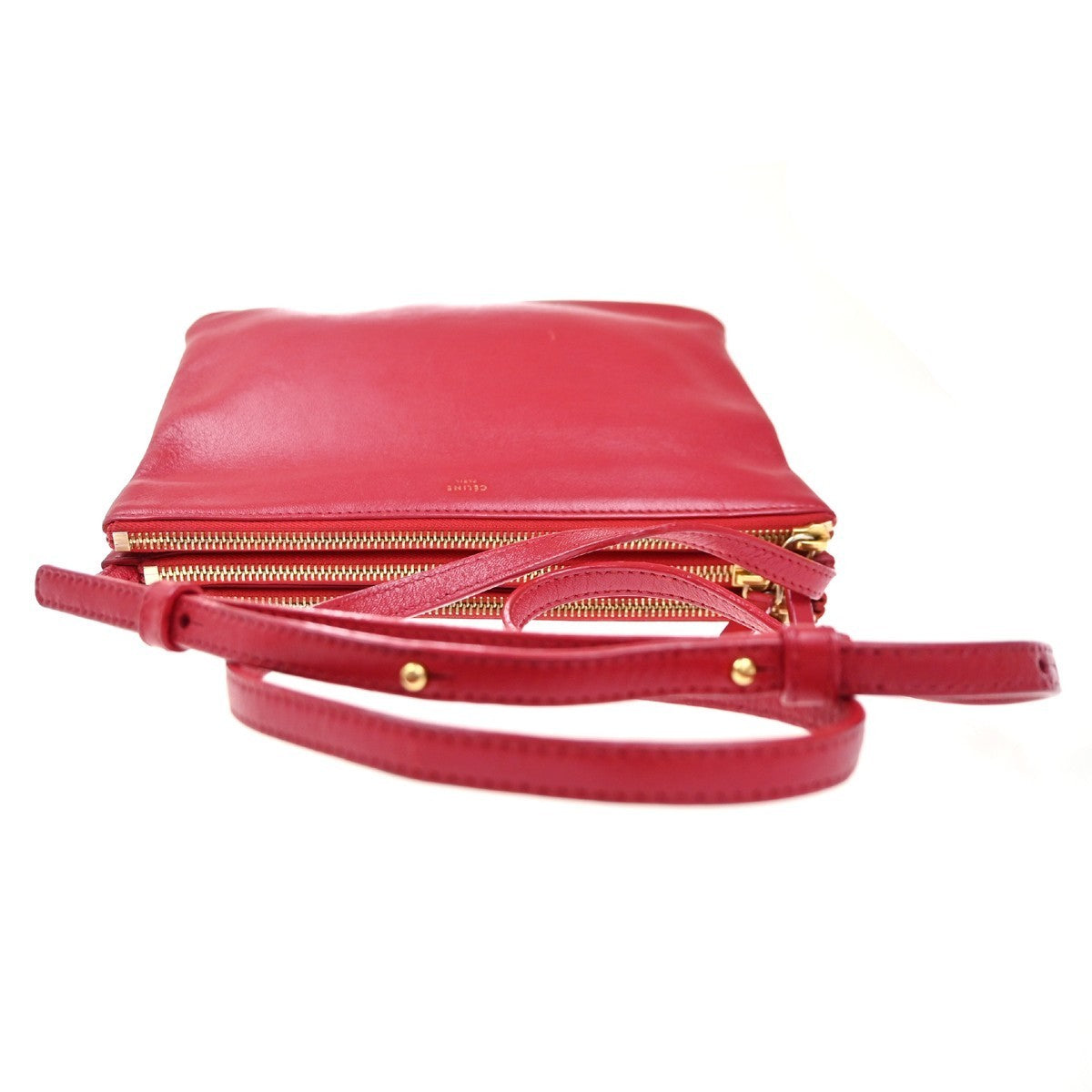 CELINE Logo Trio Small Crossbody Shoulder Bag Leather Red Italy GHW 32MA305