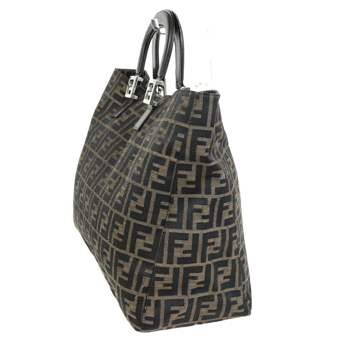 FENDI Logo Zucca Pattern Hand Tote Bag Canvas Leather Brown Silver Italy 98RF206