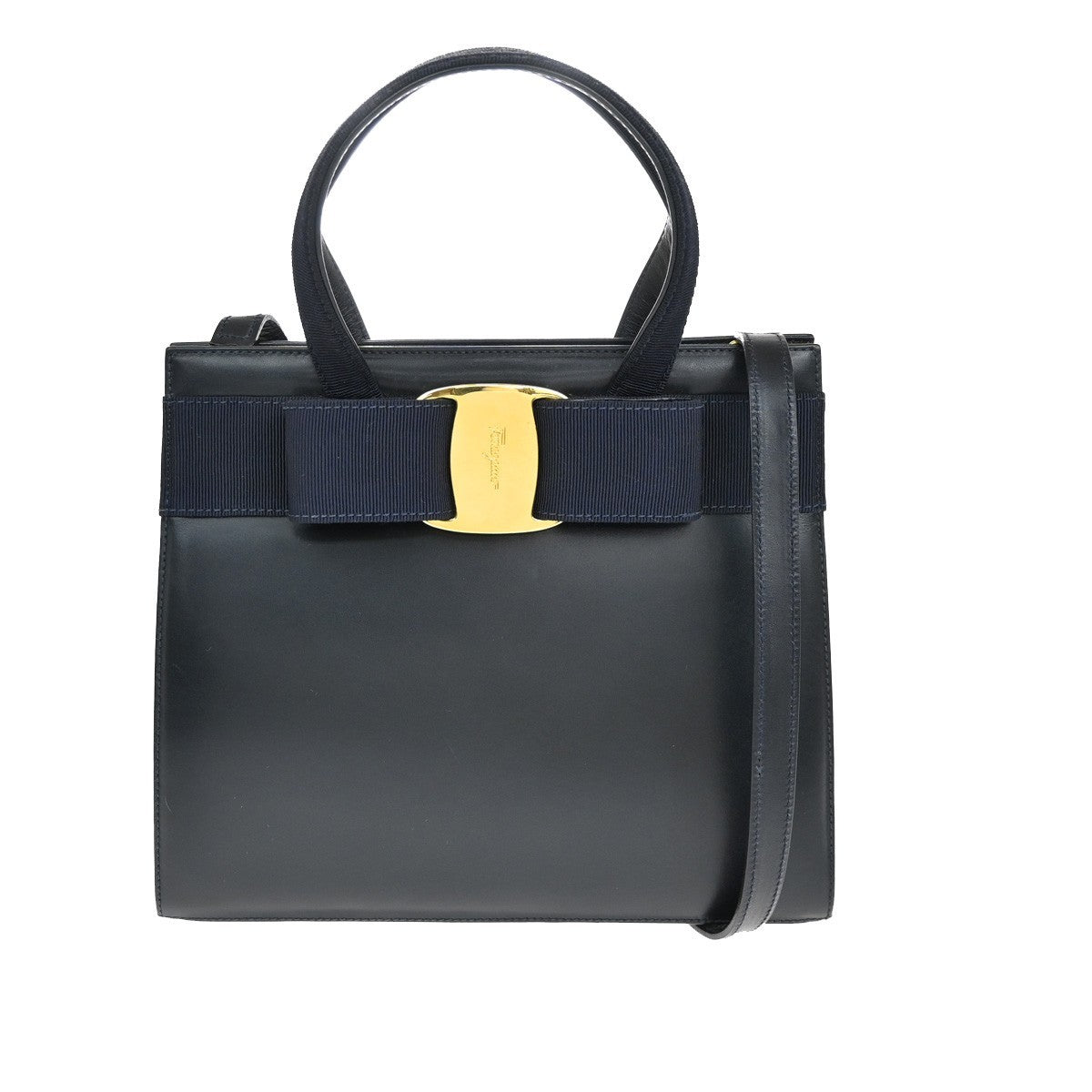 SALVATORE FERRAGAMO Logo Vara 2Way Hand Bag Canvas Leather Navy Blue GHW 38AA041