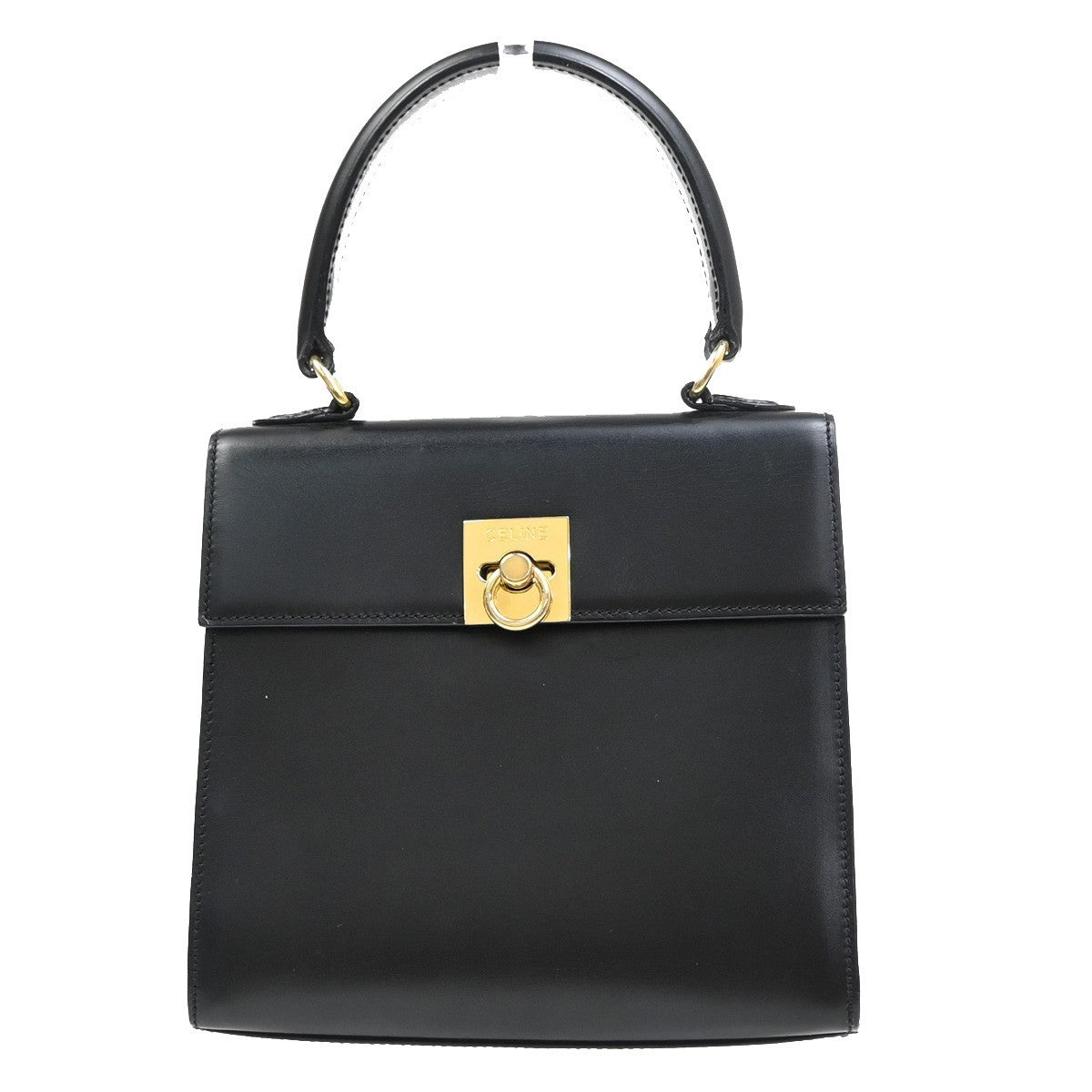CELINE Logo Top Handle Hand Bag Leather Black GHW Italy 76EG223