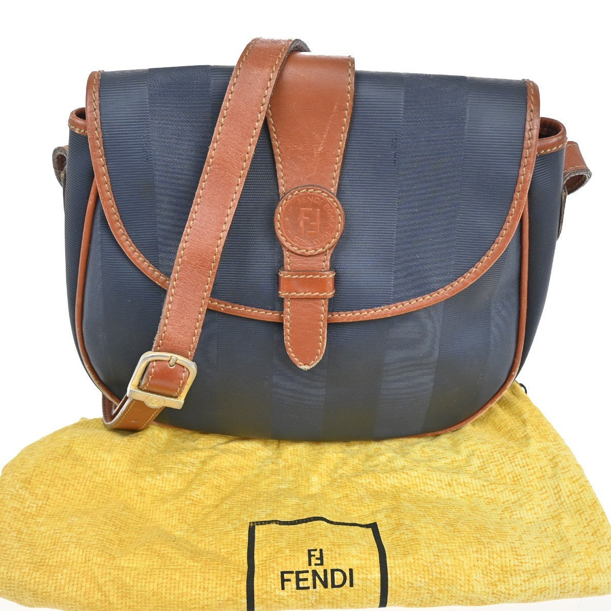 FENDI Pequin Pattern Shoulder Bag Canvas Leather Blue Brown GHW Italy 31TA412