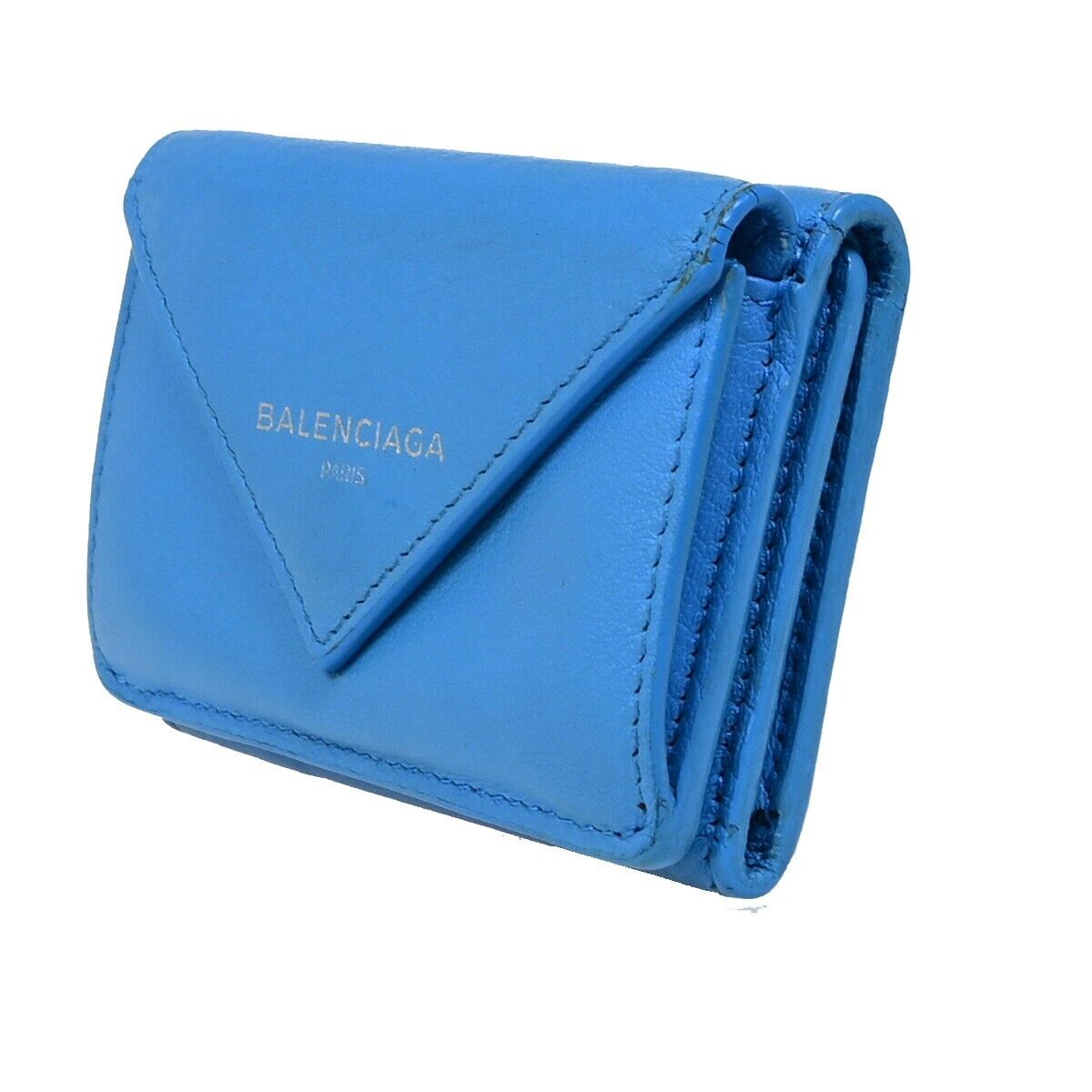 BALENCIAGA Logo Paper Mini Trifold Wallet Purse Leather Blue SHW Italy 68EB974