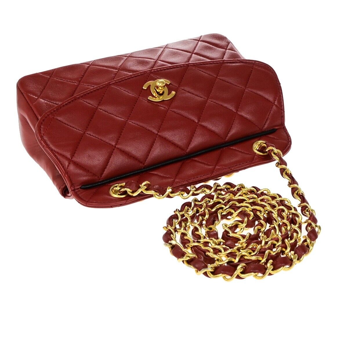 CHANEL CC Logo Mini Matelasse Chain Shoulder Bag Leather Red Vintage 310RF238