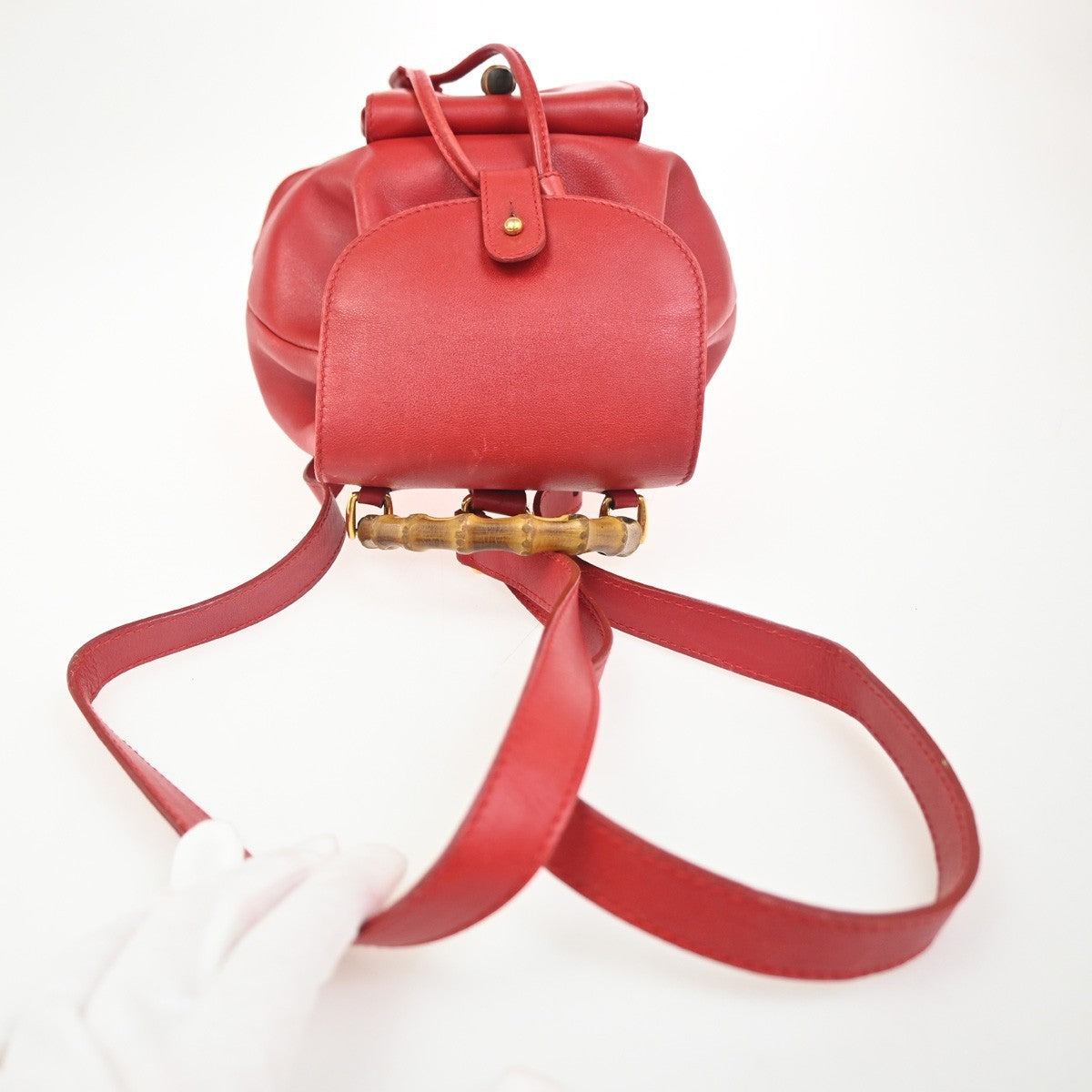 GUCCI Logo Bamboo Drawstring Mini Backpack Bag Leather Red GHW Italy 62ZA194
