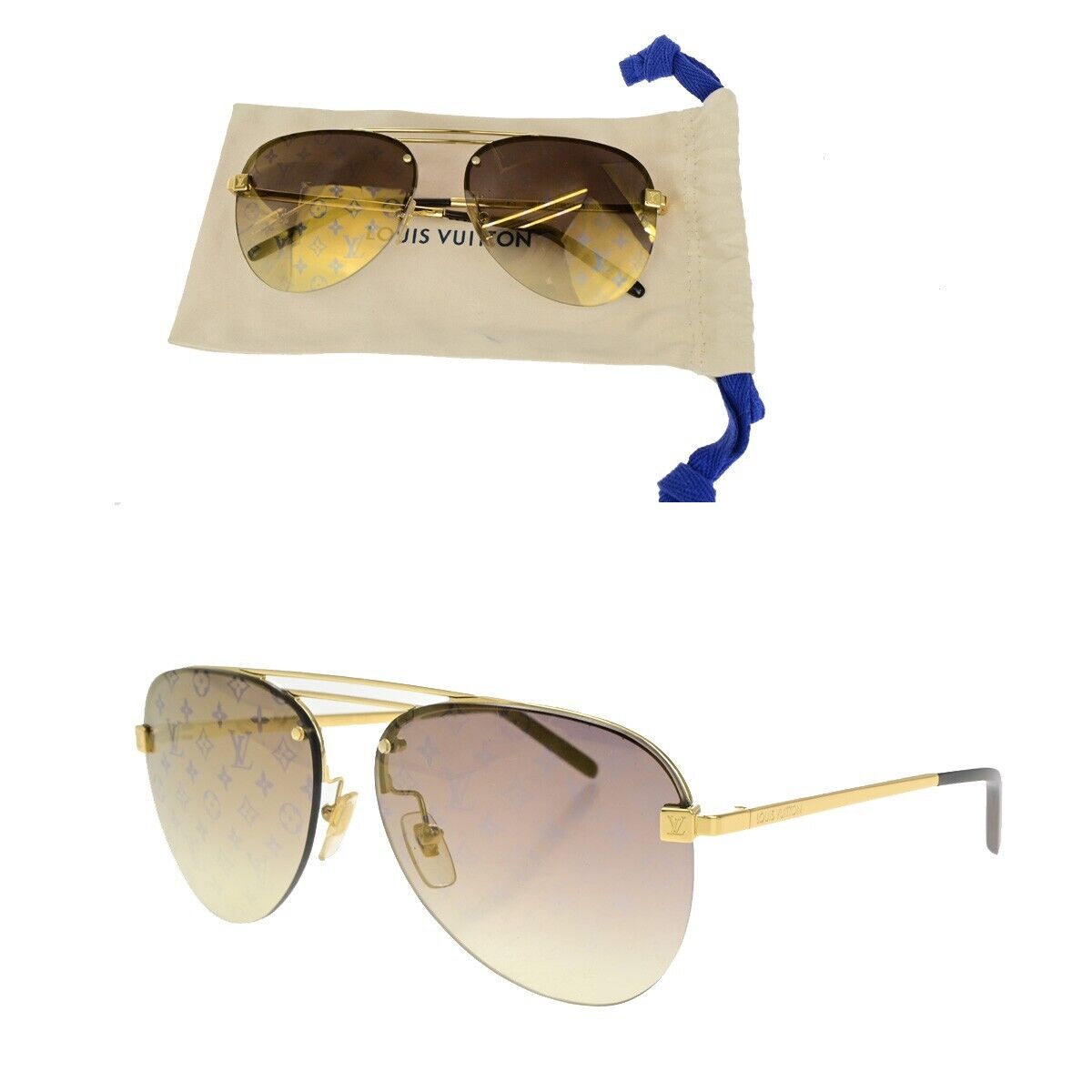 LOUIS VUITTON Clockwise Sunglasses Eye Wear Monogram Metal Gold Z1020E 81YG537