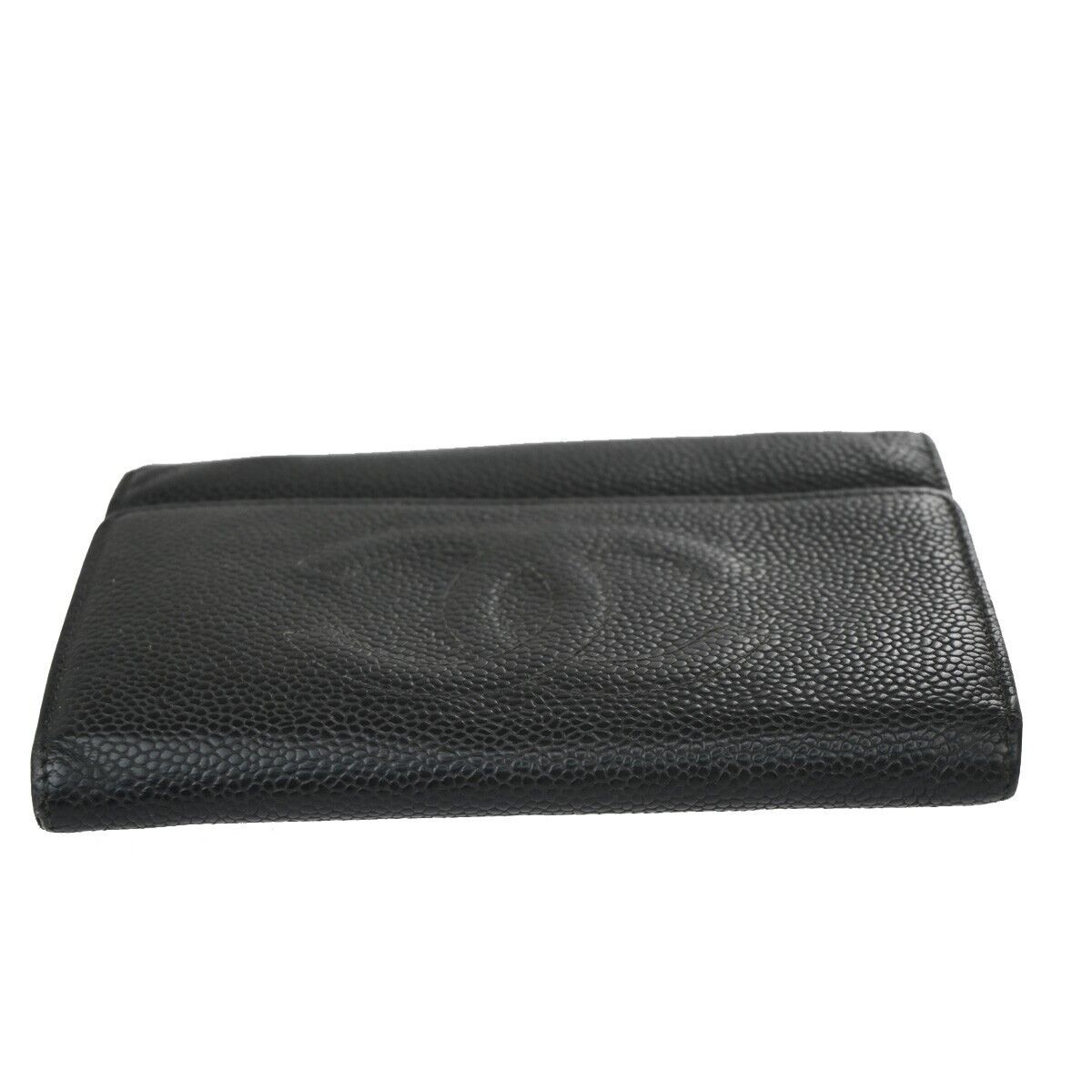 CHANEL CC Logo Trifold Wallet Purse Caviar Skin Leather Black GHW 02EA898