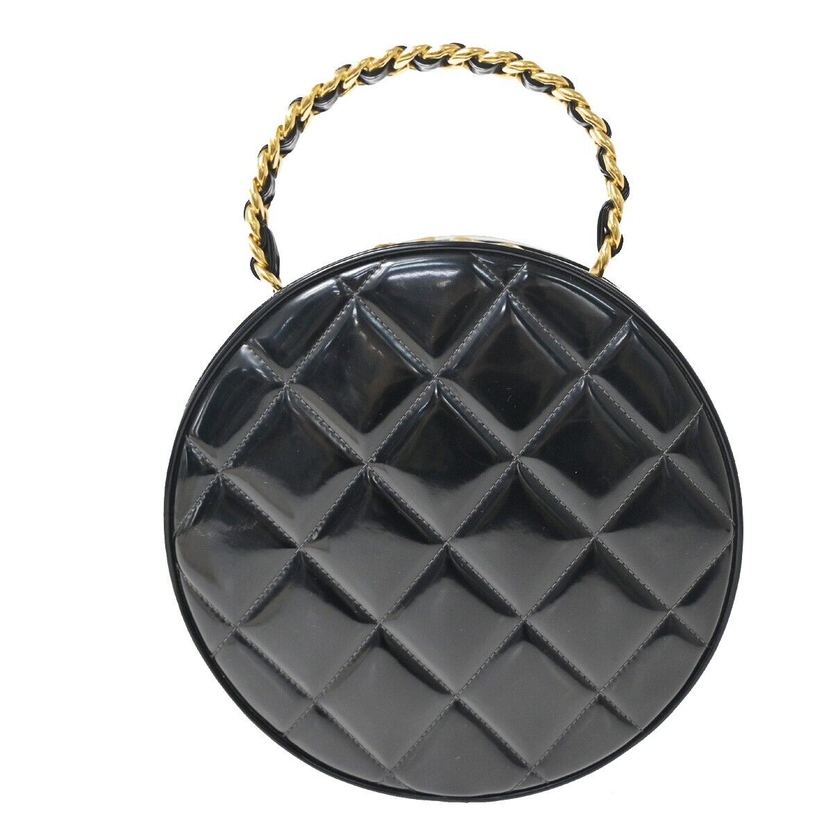 CHANEL CC Matelasse Round Vanity Chain Hand Bag Patent Leather Black 6820LC438