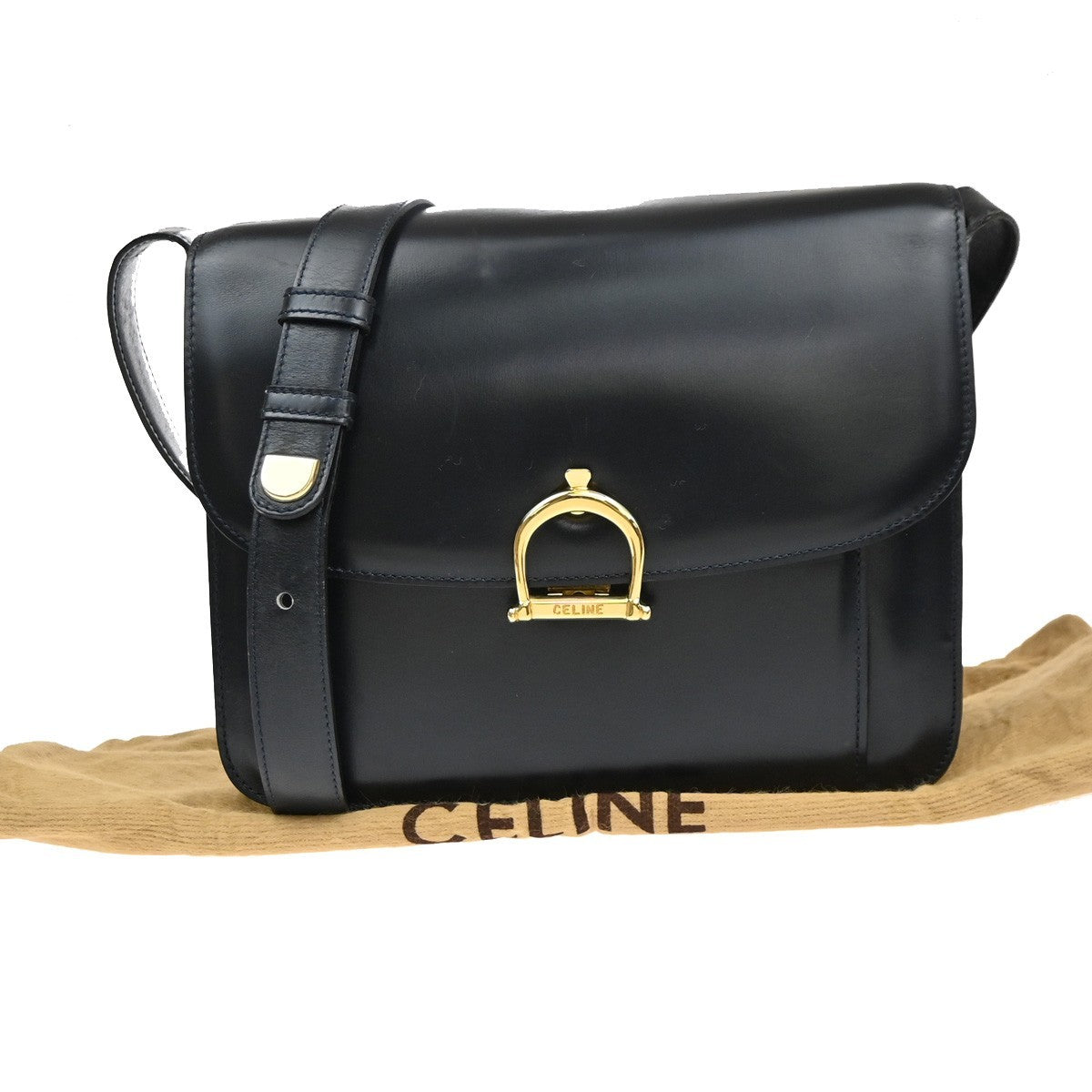 CELINE Logo Shoulder Bag Leather Blue GHW Italy 87EG397