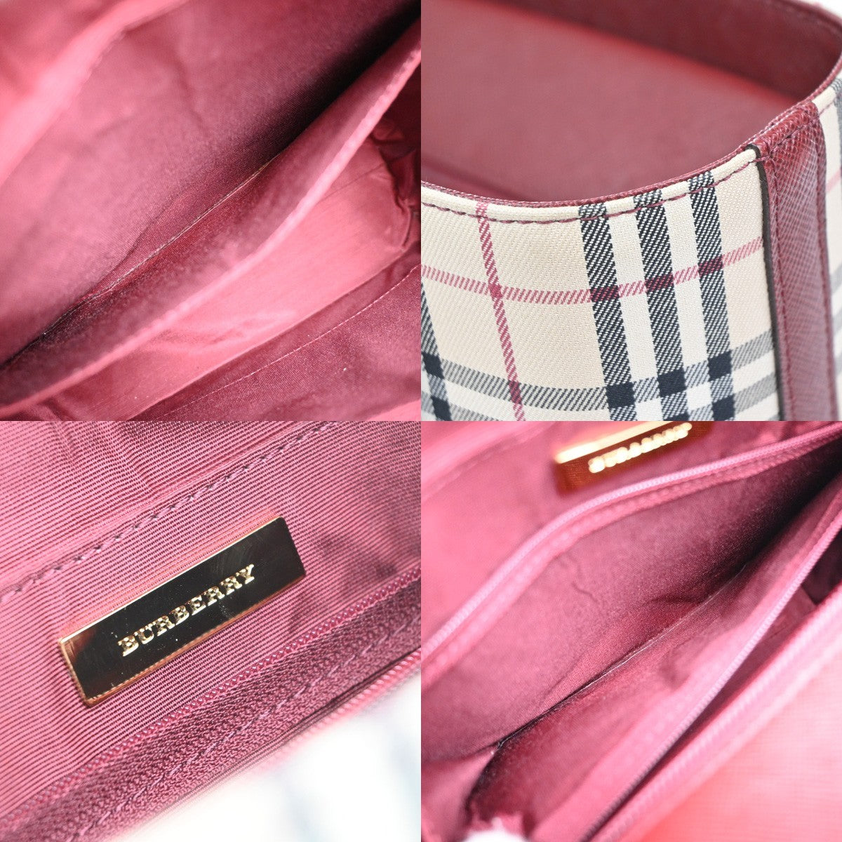 BURBERRY Logo Nova Check Hand Bag Canvas Leather Beige Red GHW 39RQ059